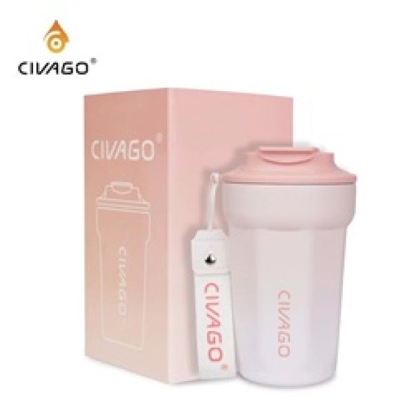 แก้วสุญญากาศสแตนเลสพร้อมฝาปิด เคลือบเซรามิก  รักษาความร้อนและเย็น（13oz）สีชมพู