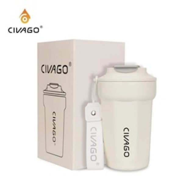 แก้วสุญญากาศสแตนเลสพร้อมฝาปิด เคลือบเซรามิก  รักษาความร้อนและเย็น（13oz）สีขาว