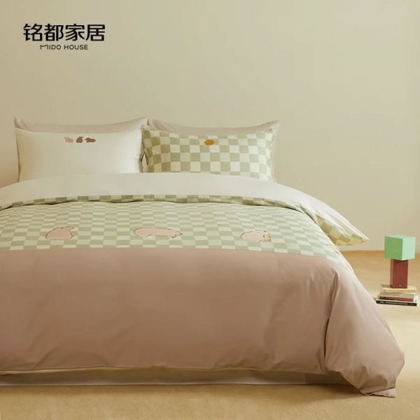 ชุดเครื่องนอน 60S Pro Cloud-Soft ลาย Capybara ลายตารางหมากรุกปักลาย | ระบายอากาศได้ดีและเป็นมิตรต่อผิว